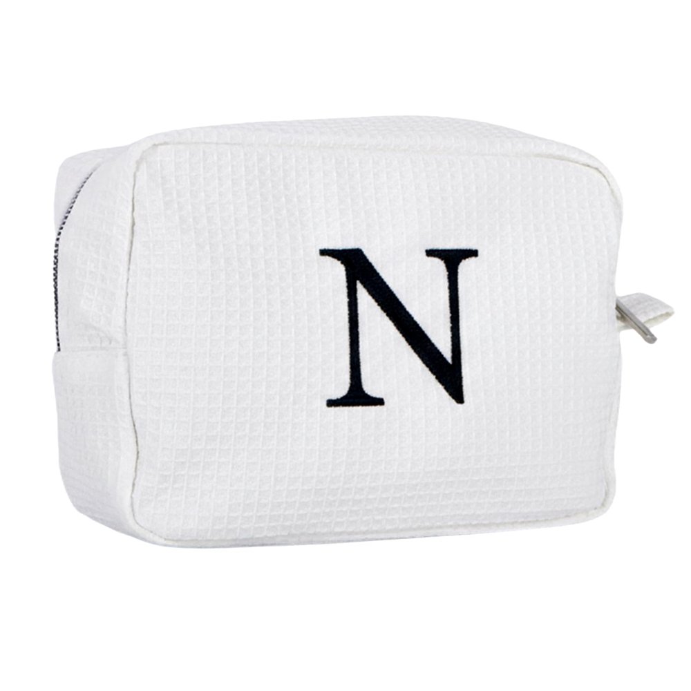 Personalized White Waffle Makeup Bag,Custom Embroidered Initial Cosmetic Pouch for Women,Monogrammed Cosmetic Case,Bridesmaid Gifts (N)