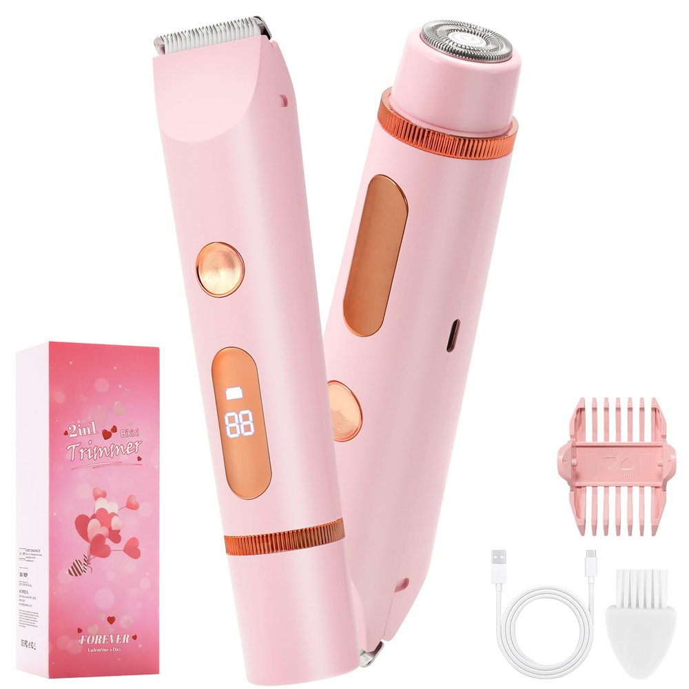 Bikini Trimmer for Women, Bikini Shaver with Dual Heads, Painless Body and Facial Hair Removal, Rechargeable Cordless Electric Razors for Face Chin Pubic Underarm Legs, IPX7 Waterproof, Pink (Pink)