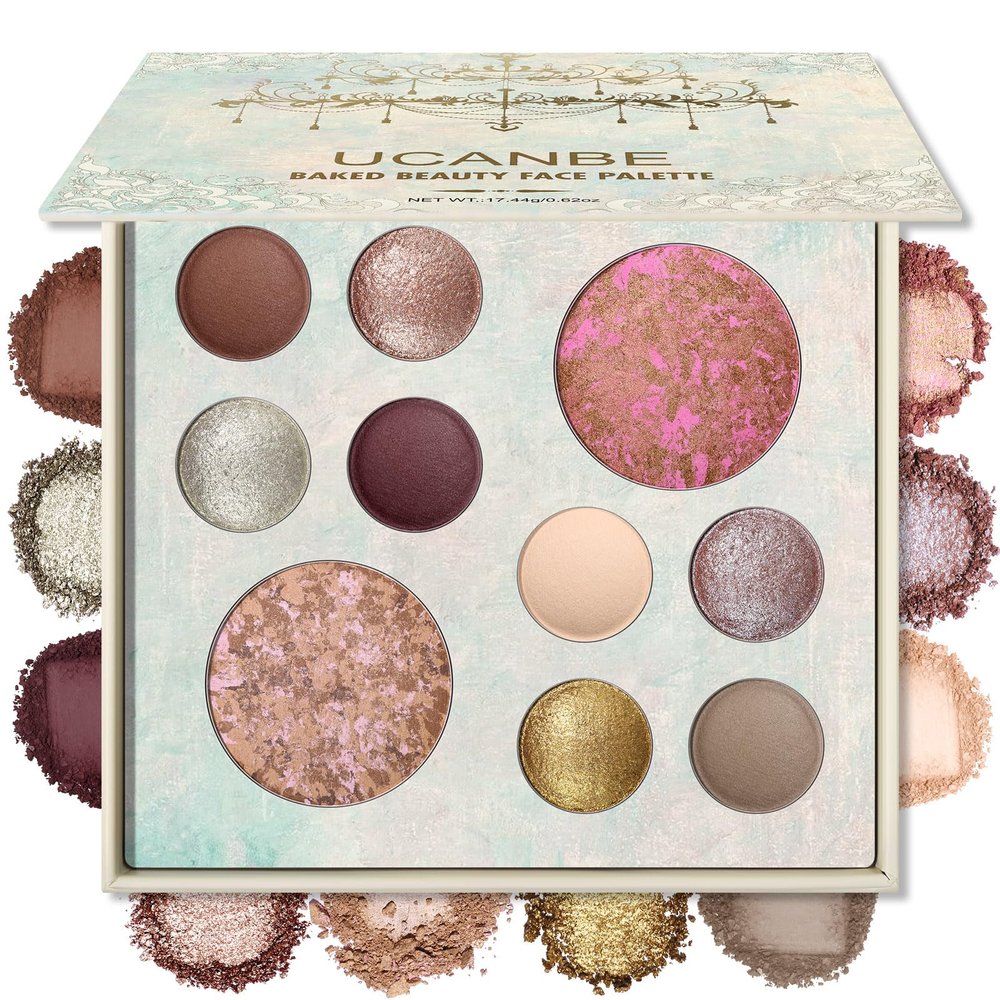 UCANBE All in One Baked Makeup Palette  Eyeshadow, Blush & Bronzer Face Kit, Neutral Pigmented Colors, Travel Size Compact, Full Face Makeup Gift Set for Women