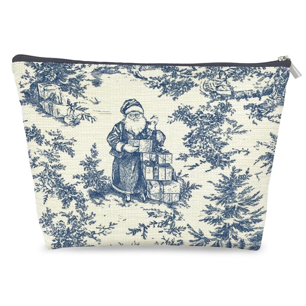 LRWHDFW Blue Chinoiserie Christmas Santa Makeup Bag Gifts for Women, Toile de Jouy French Country Christmas Cosmetic Bag, Grandmillennial Xmas Zipper Makeup Pouch Travel Toiletry Bag