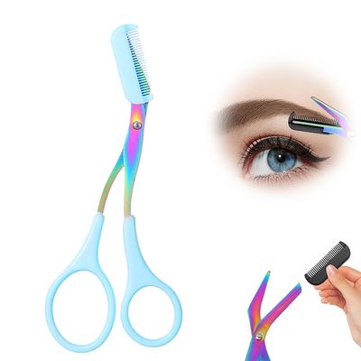 Eyebrow Trimmer Scissor, 2-in-1 Professional Eyebrow Scissors with Comb, Stainless Steel Precision Eyebrow Cutter Hair Removal Makeup Tool for Women and Men (Blue)