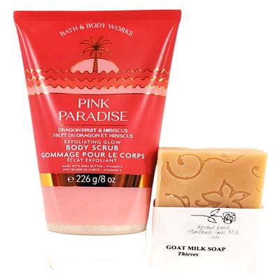 Bath and Body Pink Paradise Exfoliating Glow Body Scrub Rosebud Ranch Goat Milk Soap Sample