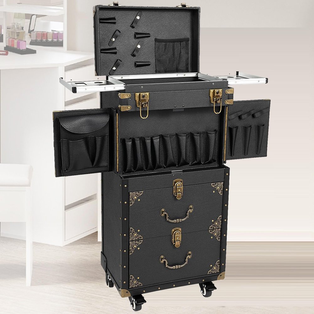 GEHPYYDS Rolling Makeup Case Cosmetology Case on Wheels Cosmetic Train Case Trolley Roll Travel Box Hair Stylist Travel Case Traveling Cart Trunk for Makeup Artist Esthetician Nail Tech