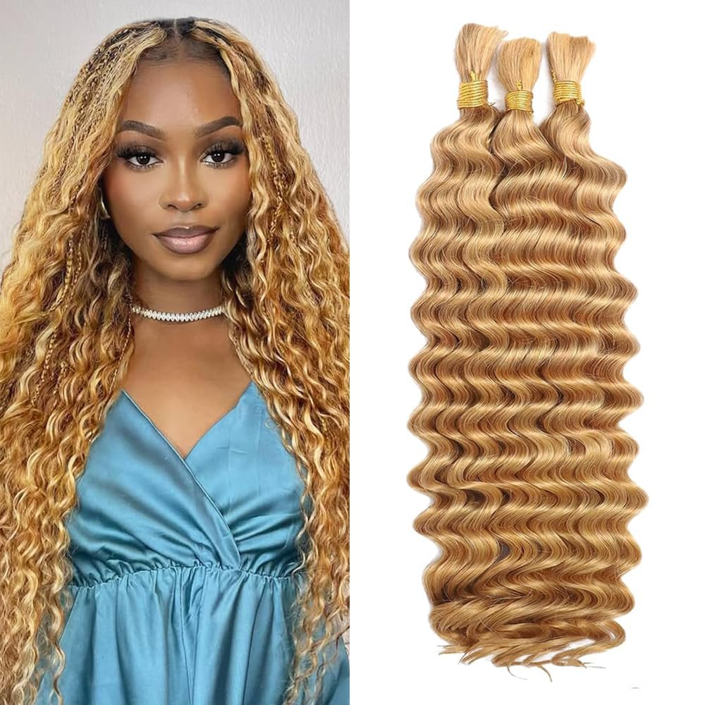 Honey Blonde Human Braiding Hair 3 Bundles 150g 20 inch Blonde Deep Wave Bulk Human Hair for Braiding No Weft Curly Bundles for Women