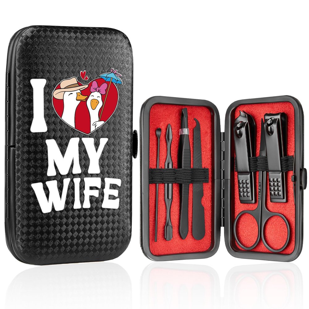 COSHAYSOO Christmas Stocking Stuffers Small Useful Funny Birthday Gifts for Husband Wife, 7 Pcs Travel Manicure Set with Black Case Nail Clipper Grooming Fingernail Care Kit I Love My Wife