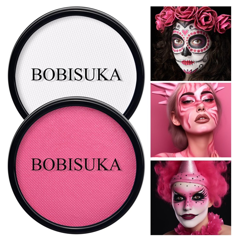 BOBISUKA Clown White + Pink Face Paint, Water-Activated Face Painting Palette for Halloween SFX Makeup, Cosplay, Theater, Stage, Film & More