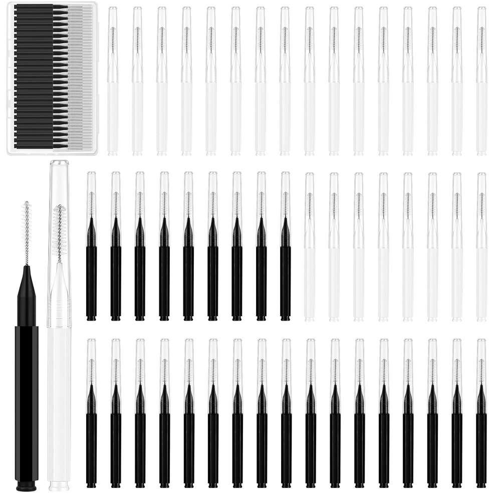 50pcs Brow Lamination Brush with Cap - Compact Eyebrow BRUSH with Lid, Portable Eyelash & Interdental Brush, for Eyebrow Extensions & Eyelash Care With storage case (25 Black+25 White)