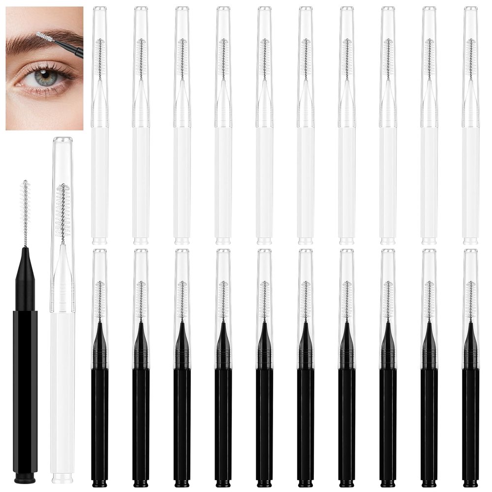 20 Pcs Eyebrow Laminating Brush - Compact Eyebrow Brush with Cap, Portable Eyelash Brush & Interdental Micro Spoolies for Brow Lamination & Eyebro Extensions, 2 Colors (10 Black+10 White)