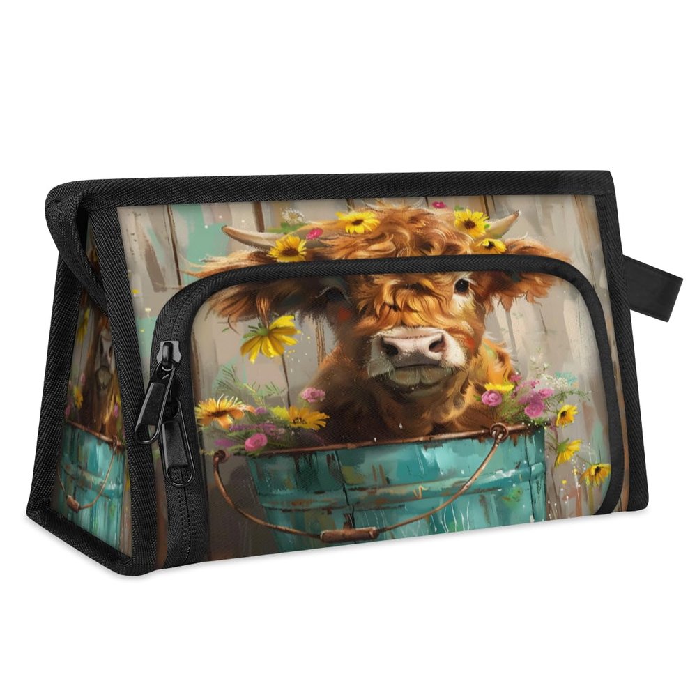 Adornori Highland Cow Wood Print Makeup Bag for Women Cosmetic Bags with Brush Compartment Toiletry Organizer Case for Traveling