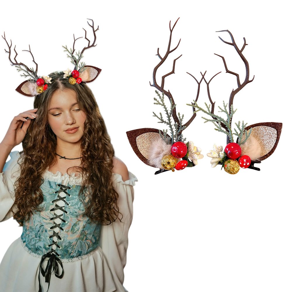 1Pair Christmas Reindeer Antler Hair Clips Cute Deer Ears Tree Branches Antlers Hairpins Xmas Hair Accessories for Women (Style 1)
