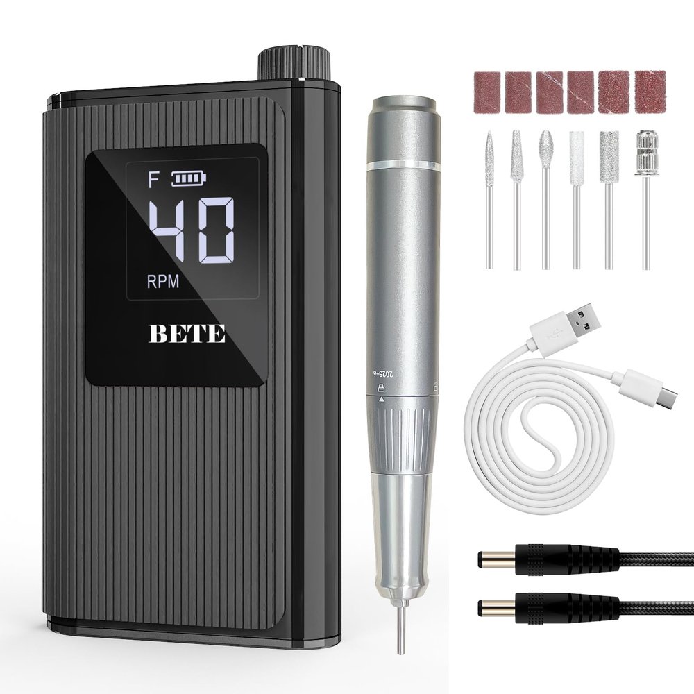 BETE Professional Nail Drill, 40000 RPM Cordless Electric Nail File Kit with 6 Bits, Rechargeable Efile for Acrylic Gel Nails Polishing, Manicure Tools for Salon Home Use, Black