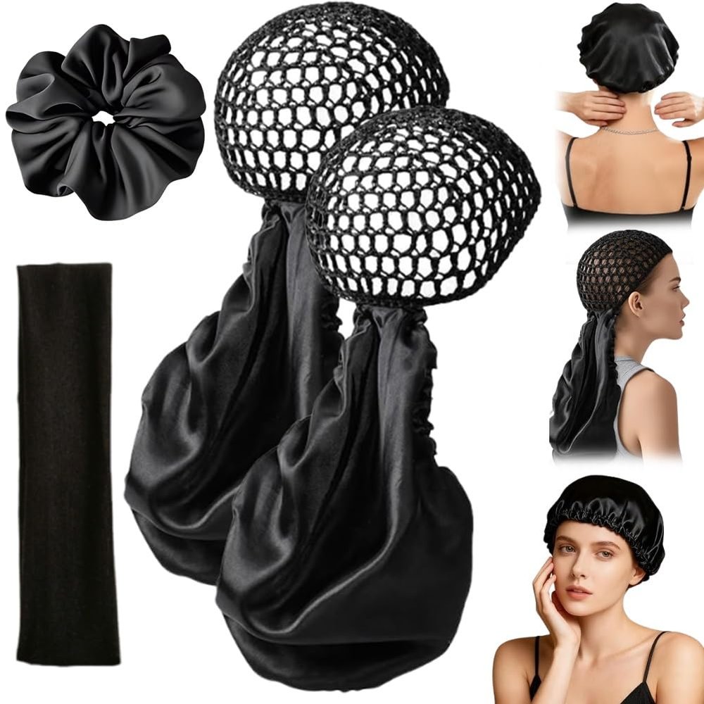 2 in 1 Wrap Cap for Silk Press,2 in 1 Wrap Cap Bonnet,Silk Press Wraps Caps Hair Net,Silks Hairs Products Black Women(2PCS)
