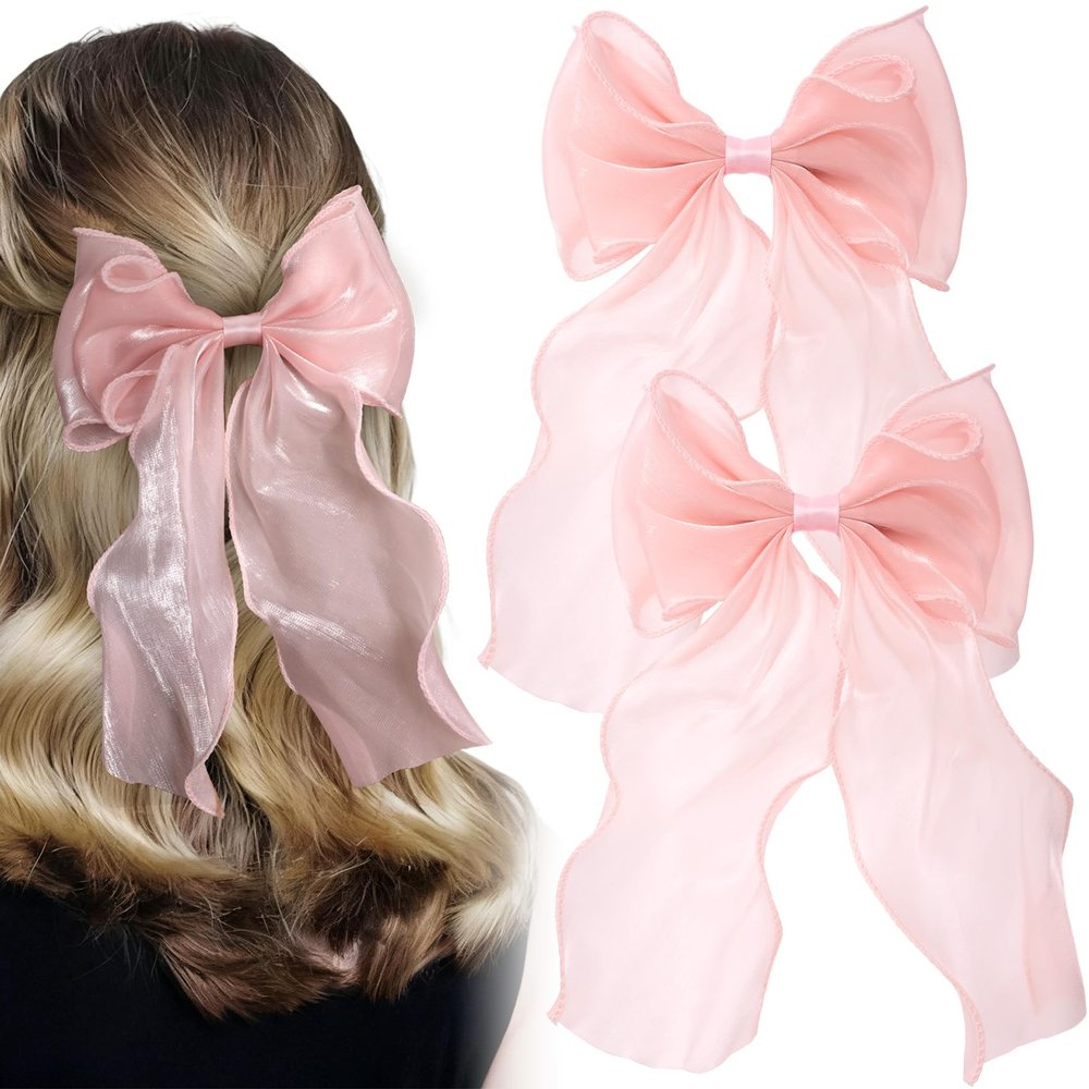 BEIQIYA 2pcs Hair Bow Clip for Women, Silky Yarn Ribbon Spring Bow Clips, Cute Double Bowknot Barrettes Accessories Decorations for Braids Ponytails- Light Pink