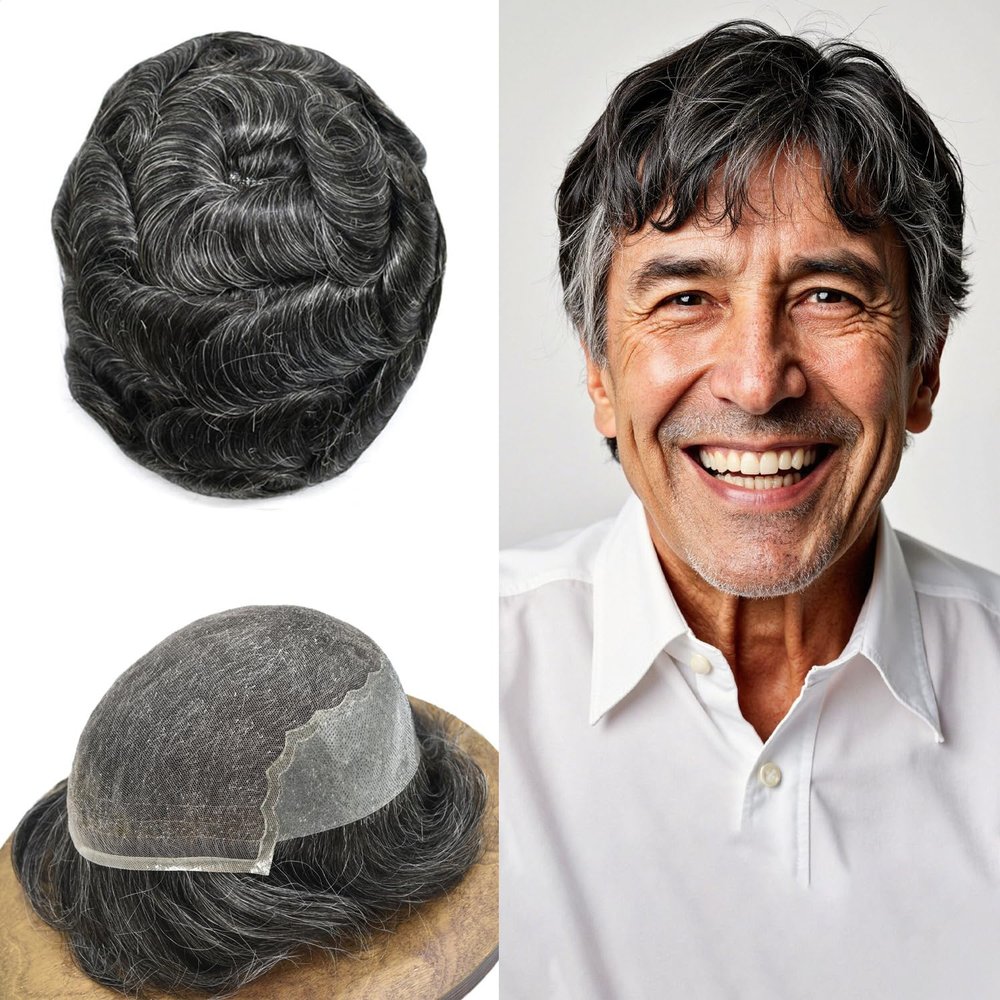 Swiss Lace Hair System For Men Toupee European Human Hair Replacement System Toupee For Men Hair Piece Human Hair Breathable Lace 6X9-80% Light Density#1B30#1B Off Black+30% Grey