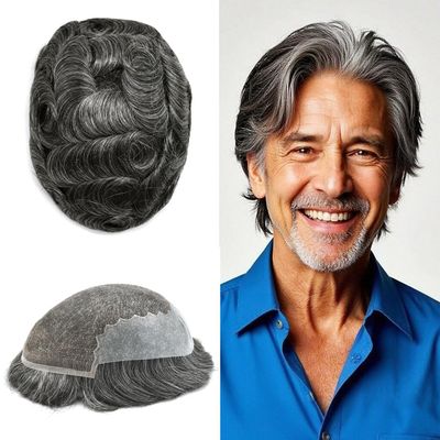Swiss Lace Hair System For Men Toupee European Human Hair Replacement System Toupee For Men Hair Piece Human Hair Breathable Lace 6X9-100% Light To Medium Density#1B60#1B Off Black+60% Grey