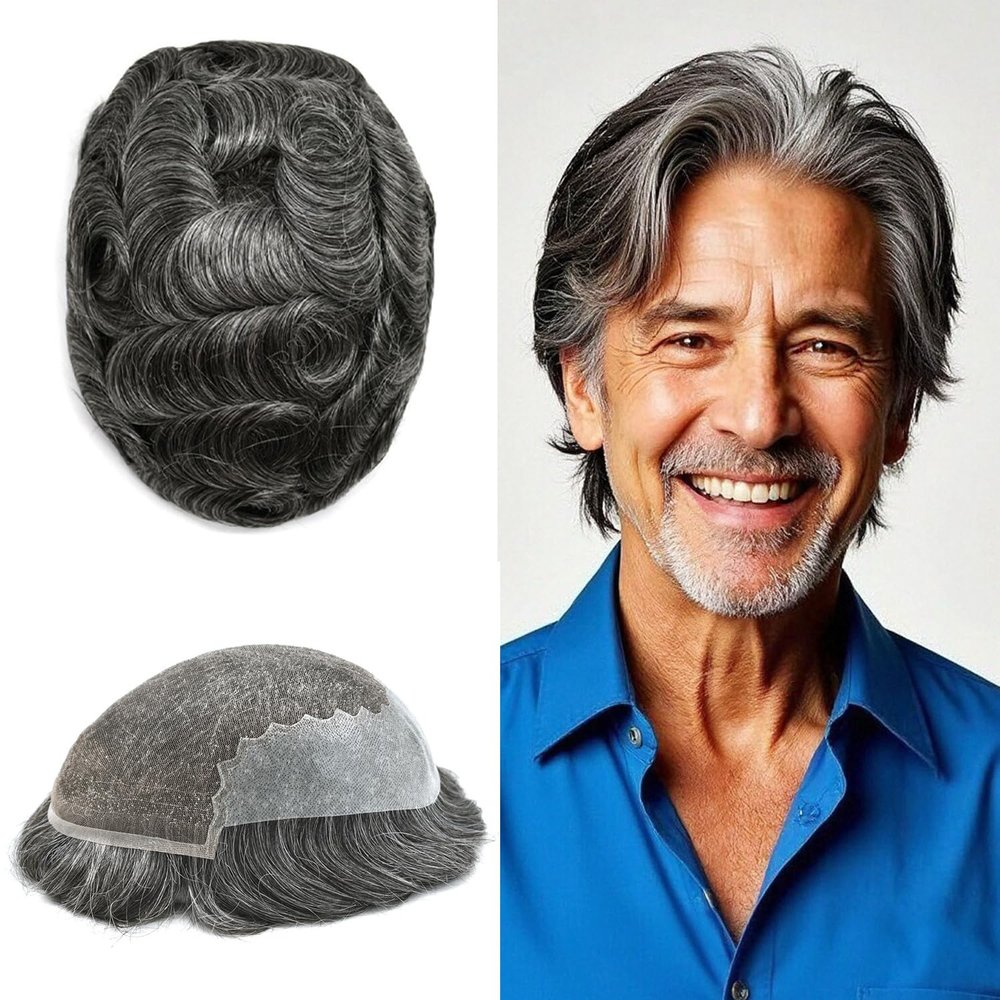 Swiss Lace Hair System For Men Toupee European Human Hair Replacement System Toupee For Men Hair Piece Human Hair Breathable Lace 6X9-100% Light To Medium Density#1B60#1B Off Black+60% Grey