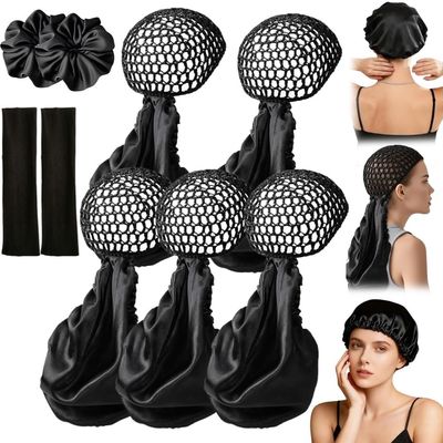 2 in 1 Wrap Cap for Silk Press,2 in 1 Wrap Cap Bonnet,Silk Press Wraps Caps Hair Net,Silks Hairs Products Black Women(5PCS)