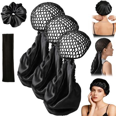 2 in 1 Wrap Cap for Silk Press,2 in 1 Wrap Cap Bonnet,Silk Press Wraps Caps Hair Net,Silks Hairs Products Black Women(3PCS)