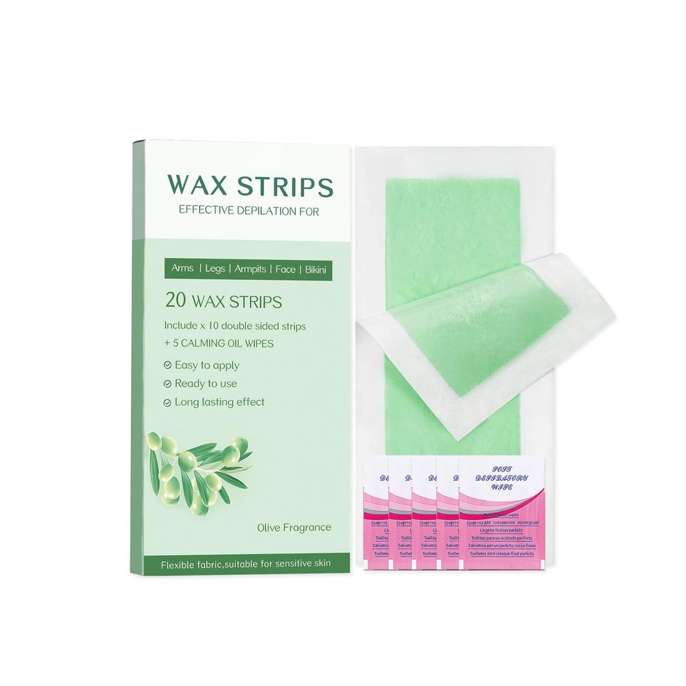 Wax Strips for Face & Body Hair Removal, Easy to Use Wax Paper with Olive Oil & Beeswax, Smooth Texture, Fresh Scent, 20 Strips + 5 Wipes
