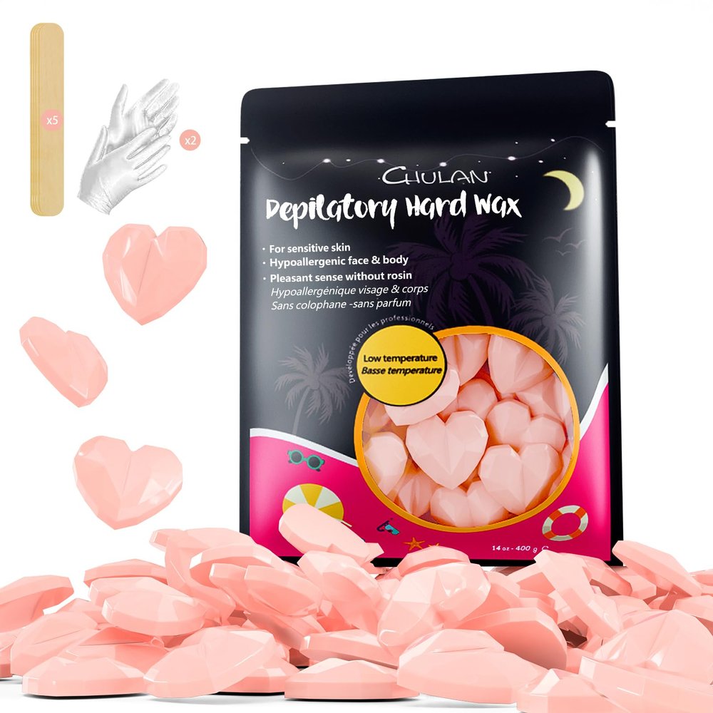 Chulan Waxing Beads, 400g Hypoallergenic No Rosin Spa Hard Wax Beads for Sensitive Skin Hair Removal, Wax Beans for Coarse, Brazilian Waxing, Facial, Bikini, Legs, Armpits Women Men Home Pink