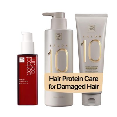 Mise En Scene Perfect Serum Super Rich Serum 2.71 Fl Oz and Salon 10 Hair Protein Care Set - Low porosity Hair Product, Korean HairPerfume Shampoo, 10-Sec Protein Clinic, Moisturizing & Restoring