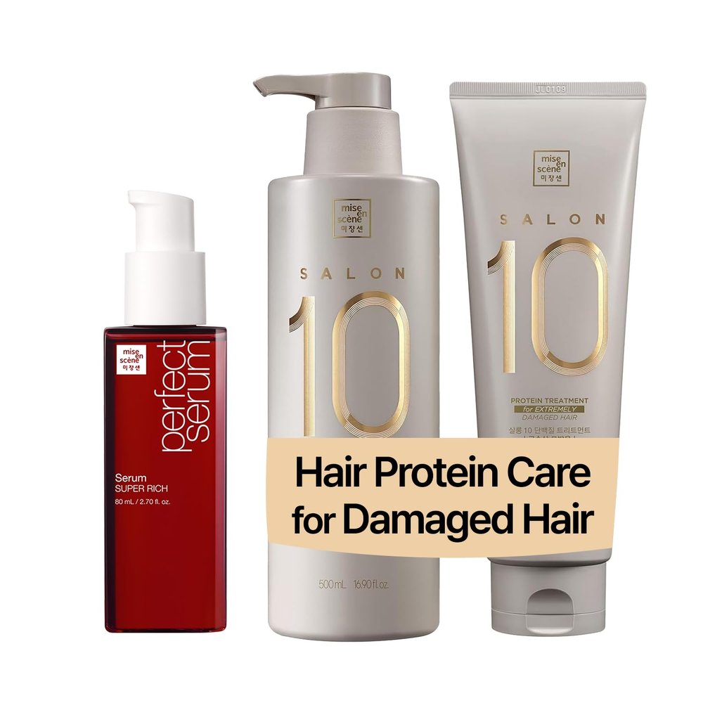 Mise En Scene Perfect Serum Super Rich Serum 2.71 Fl Oz and Salon 10 Hair Protein Care Set - Low porosity Hair Product, Korean HairPerfume Shampoo, 10-Sec Protein Clinic, Moisturizing & Restoring