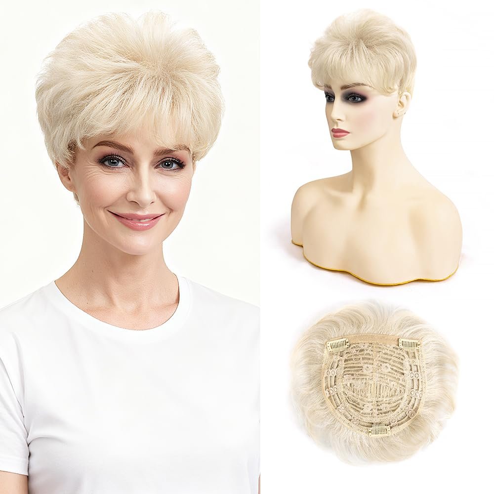 Short Hair Topper for Thinning Hair 4 Inch Short Pixie Cut Toppers Pieces Natural Curly Synthetic Black Wiglets Hairpieces (Light Ash Blonde, 4 inch)