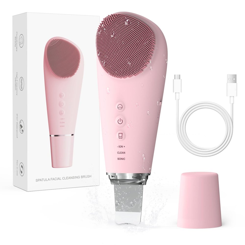 2 in 1 Electric Face Scrubber Silicone Facial Cleansing Brush, Exfoliator Scrubber & Skin Spatula Pore Cleaner Blackhead Remover Tools, Waterproof Face Brush Exfoliating Deep Cleaning Massager, Pink