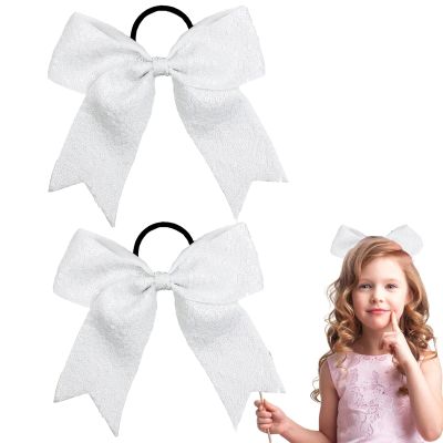 2 Packs Jumbo Cheerleading Bow 6 Inch Cheer Hair Bows with Ponytail Holder for Teen Girls Softball Outfit Uniform (Sequin White)