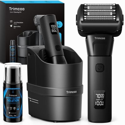 Electric Shaver for Men - Trimcoo 5-Blade Foil Razor Kit | Gentle on Sensitive Skin | Self-Cleaning Center, USB-C Charging, 180min Runtime, IPX7 Wet/Dry Use with Pop-Up Trimmer, Ideal Grooming Gift