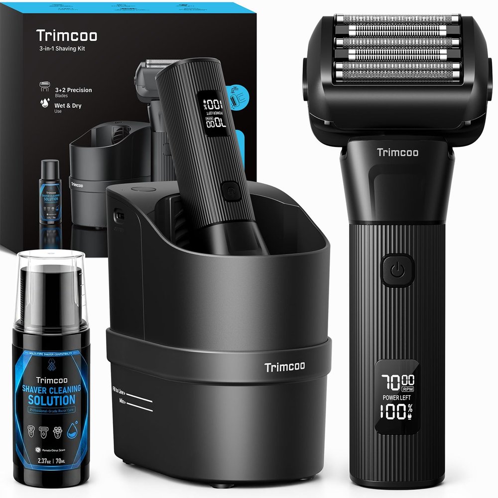 Electric Shaver for Men - Trimcoo 5-Blade Foil Razor Kit | Gentle on Sensitive Skin | Self-Cleaning Center, USB-C Charging, 180min Runtime, IPX7 Wet/Dry Use with Pop-Up Trimmer, Ideal Grooming Gift