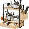 2-Tired Bathroom Counter Organizers and Storage, Bathroom Countertop Organizer with Drawer, Solid Wood Skincare Perfume Organizer for Vanity Kitchen Corner Shelf Office Countertop (Light Brown) view 1
