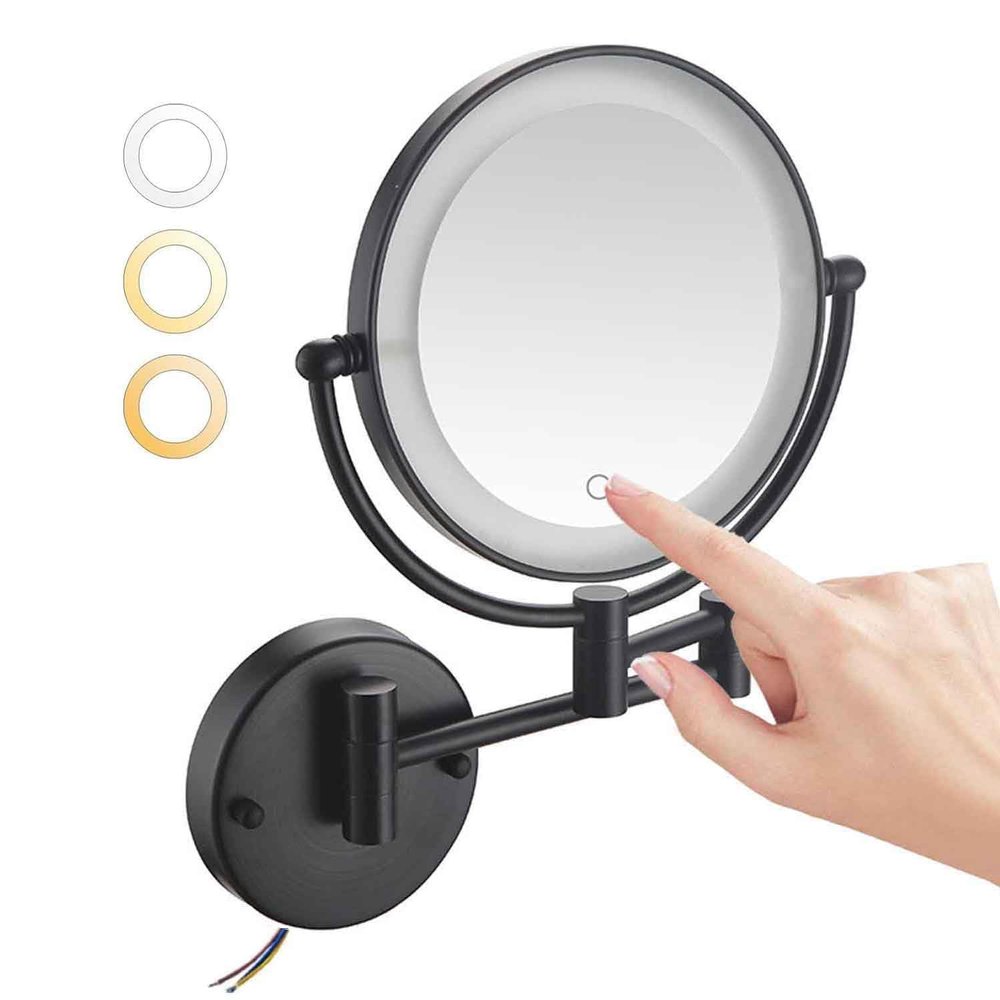 8" Wall Mounted Makeup Mirror, Hardwired Double Sided 3 Color LED with Touch Dimming, 360 Swivel Extension Arm for Precision Makeup - Day or Night Antique,5X