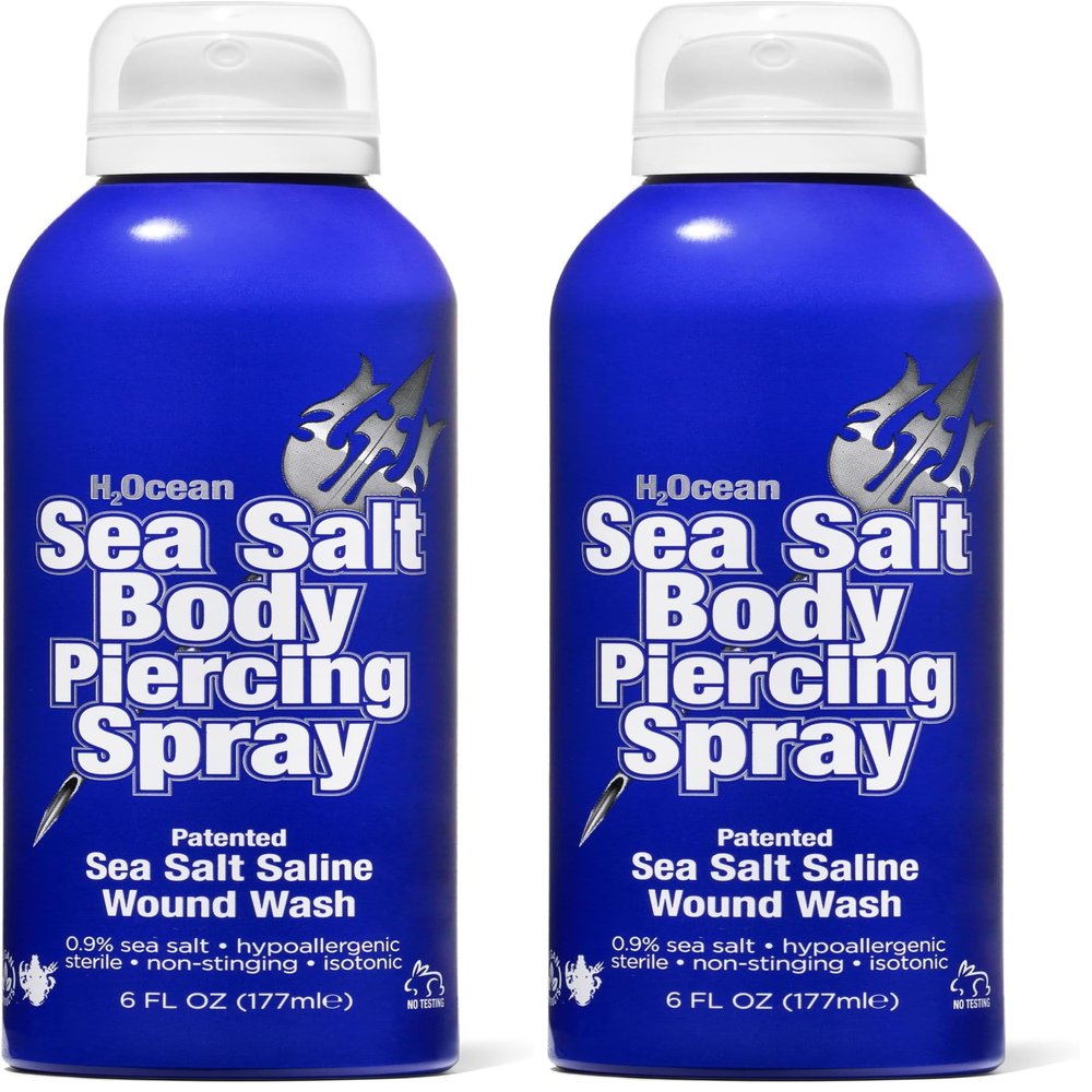 H2Ocean Sea Salt Body Piercing Spray - Saline Piercing Spray for Piercings & Body Modifications - Drug-, Preservative- & GMO-Free Vegan Piercing Aftercare - 6 oz (Pack of 2)