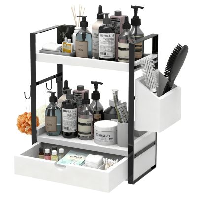 2-Tired Bathroom Counter Organizers and Storage, Bathroom Countertop Organizer with Drawer, Solid Wood Skincare Perfume Organizer for Vanity Kitchen Corner Shelf Office Countertop (White)