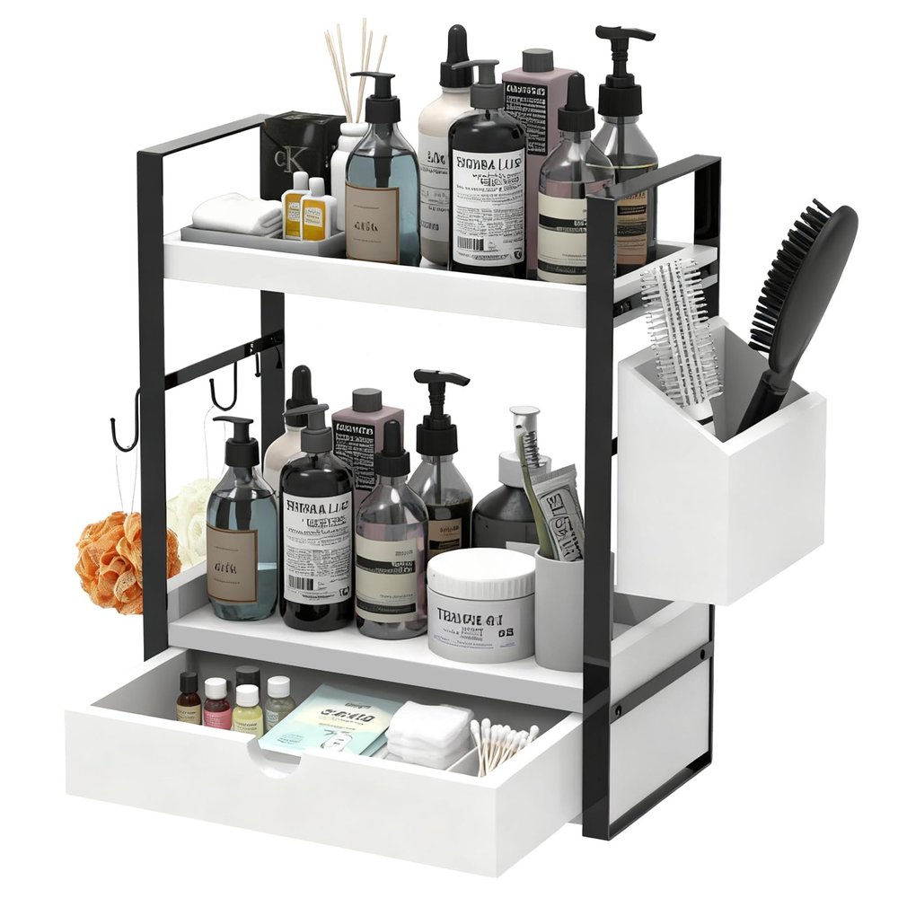 2-Tired Bathroom Counter Organizers and Storage, Bathroom Countertop Organizer with Drawer, Solid Wood Skincare Perfume Organizer for Vanity Kitchen Corner Shelf Office Countertop (White)