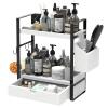 2-Tired Bathroom Counter Organizers and Storage, Bathroom Countertop Organizer with Drawer, Solid Wood Skincare Perfume Organizer for Vanity Kitchen Corner Shelf Office Countertop (White) view 1