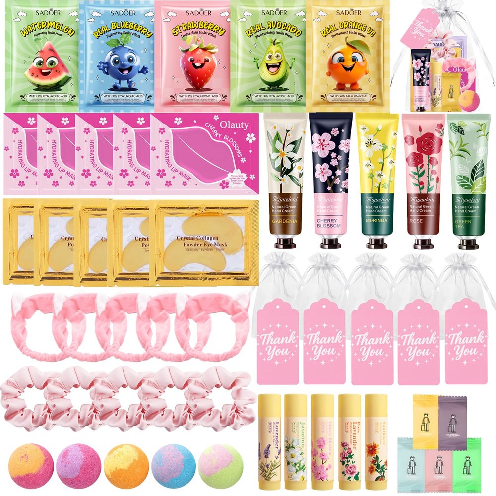 55Pcs Skin Care Kids Spa Party Supplies for girls,Party Favors Skincare Fruit Face Masks,Lip Masks,Eye Patches,Hand Cream,Lip Balm,Thank You Gifts,Spa Birthday Sleepover Party Supplies for Women