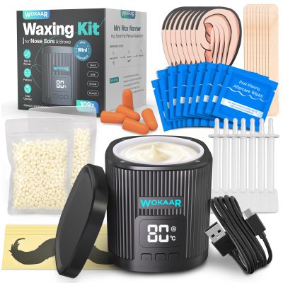 Wokaar Nose Wax Kit for Eyebrow and Ear Hair | 100gWax, 50 Face Waxing Sticks | USB-C(5V/2A) Wax Warmer | Hair Removal Kit for Men & Women | 15 Pre/Post Wipes, Ear and Mustache Guards & Earplug