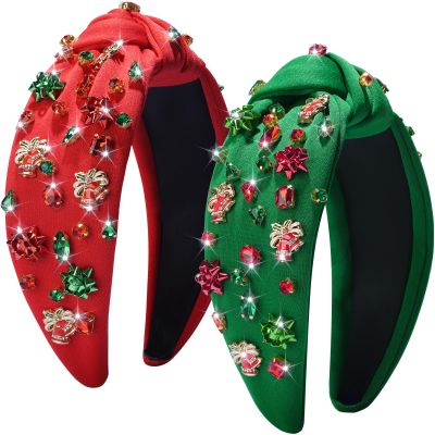 Haqptul 2 Pack Top Knotted Christmas Headband for Women Girls Cute Rhinestone Jeweled Xmas Holiday Hairband Accessory Beaded Headpiece Present