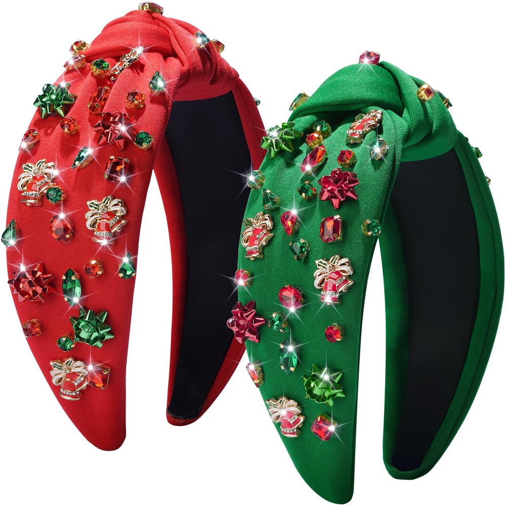 Haqptul 2 Pack Top Knotted Christmas Headband for Women Girls Cute Rhinestone Jeweled Xmas Holiday Hairband Accessory Beaded Headpiece Present