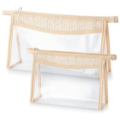 2 Boho Makeup Bag,Straw Clear Bag,Cosmetic Sunscreen Bags,Sun Block Bags,Waterproof Portable Toiletry Bags,Women Gift (Beige)