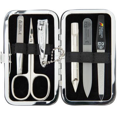 3 Swords Germany - Brand Quality 6 Piece Manicure Pedicure Grooming kit Set - Scissors, Metal and Glass Nail File, Clipper, Tweezers with Synthetic Leather case - Brown II
