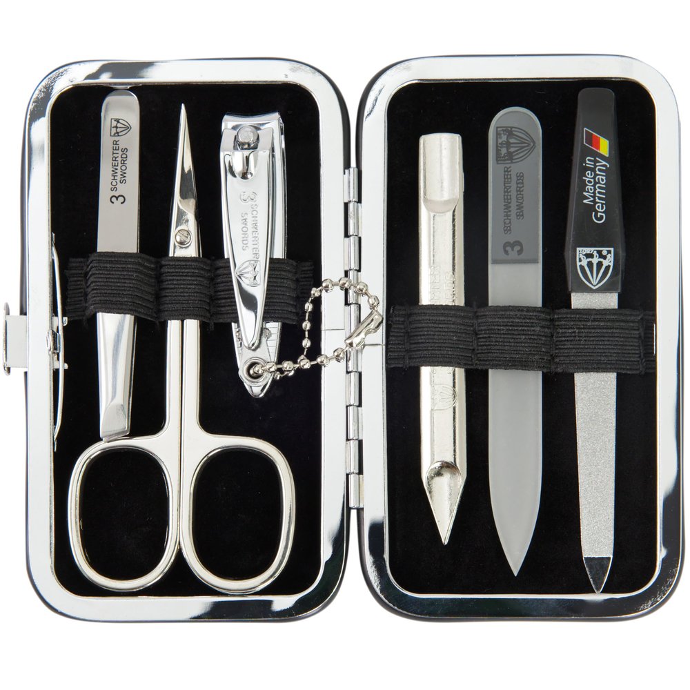 3 Swords Germany - Brand Quality 6 Piece Manicure Pedicure Grooming kit Set - Scissors, Metal and Glass Nail File, Clipper, Tweezers with Synthetic Leather case - Brown II