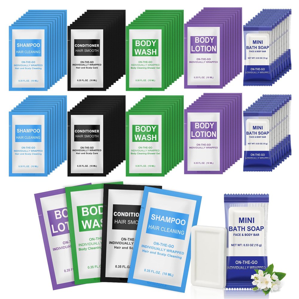 100 Pcs 5-IN-1 Hotel Soaps and Toiletries Bulk Set,5-Piece Set 0.35 oz each Packets Shampoo,Conditioner, Body Wash and Lotion,0.53 oz Soap Mini Travel Size Toiletries Supplies kit for Guests,Homeless