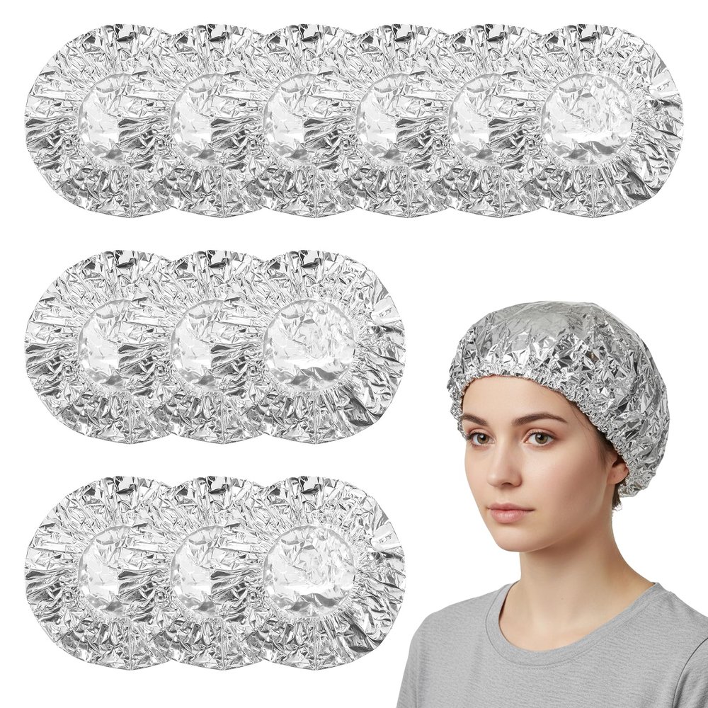 12 Pcs Aluminum Foil Deep Conditioning Hair Cap, Reusable Processing Heat Caps for Hair Elastic Silver Shower Caps for Home And Salon Use