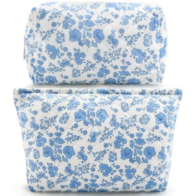 2Pcs Small Makeup Bag Quilted Cosmetic Bag Flower Pencil Case Travel Makeup Bag Set for Women Cute Cosmetic Pouch Aesthetic Cotton Toiletry Organizer Storage Bags Puffy Zipper Pouch Christmas Gifts A