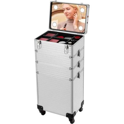 4in1 Makeup Rolling Train Case Cosmetic Organizer Box 3 Color Led Lighted Mirror