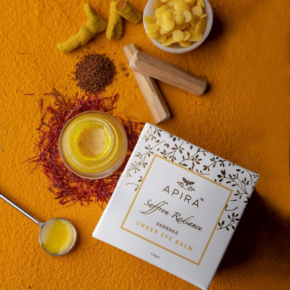 Apira - 15gm Saffron Radiance Under Eye Balm | Ayurvedic & Ghee-Based | Eye Cream with Turmeric & Sandalwood | Reduce Dark Circles & Wrinkles |