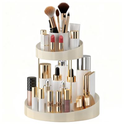 2 tier Makeup Organizer Countertop,360 Rotating Makeup Organizer for Skincare, Lipstick and Perfumes,Multi-function Cosmetic Display Cases for Vanity,Bathroom,White